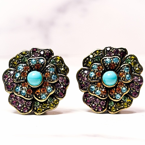Heidi Daus Multicolor Flower Earrings with Turquoise Center